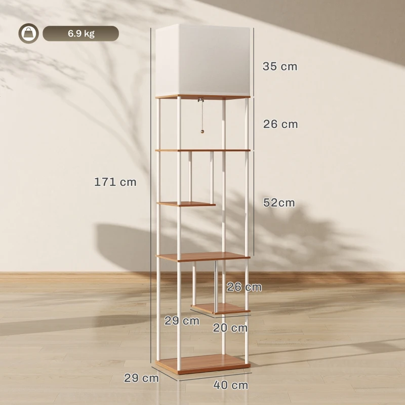 HOMCOM Candeeiro de Pé com Prateleiras Brilho e Temperaturas de Cor Ajustáveis 3000K-6500K e Temporizador 40x29x171 cm Branco e Madeira