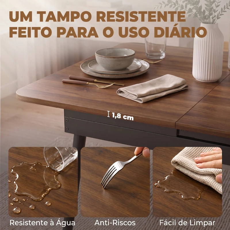 HOMCOM Mesa de Jantar Extensível para 4-6 Pessoas Estilo Industrial Cantos Arredondados 130-160x85x75 cm Nogueira