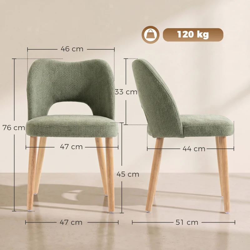 HOMCOM Dining Chairs Set Upholstered Kitchen Chenille Tool Free Assembly Rubberwood Legs, Green