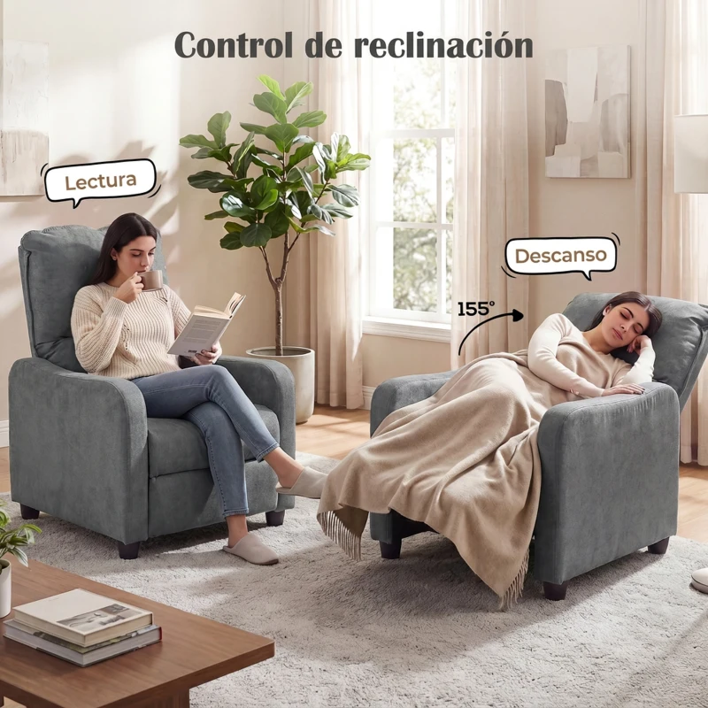 HOMCOM Sillón Relax Reclinable Manual hasta 155° de Tejido Efecto Lino Reposapiés Muelles Ensacados Acolchado Grueso Gris
