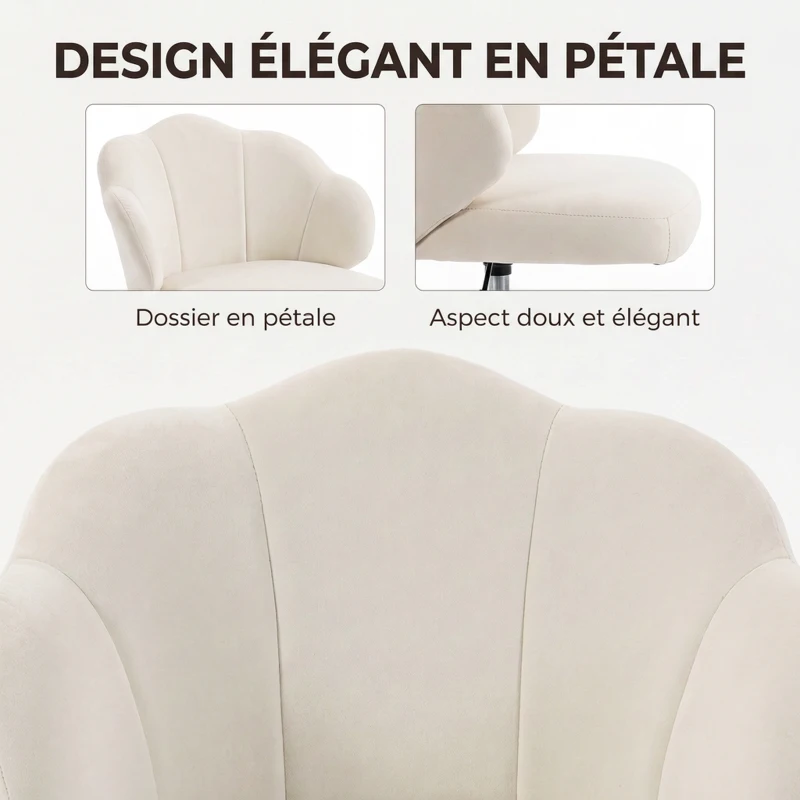 HOMCOM Chaise Bureau en Velours, Chaise Coiffeuse avec Dossier en Pétale, Hauteur Réglable, Fonction Bascule, Crème
