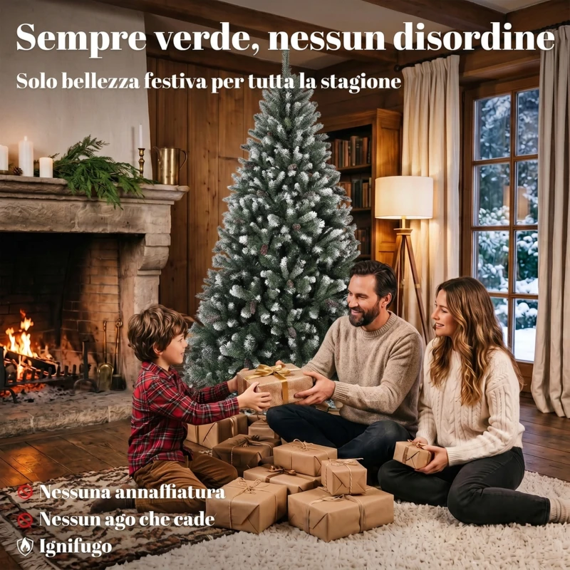 HOMCOM Albero di Natale Innevato 180 cm con 802 Rami, 59 Pigne, Effetto Realistico, Base Pieghevole in Metallo