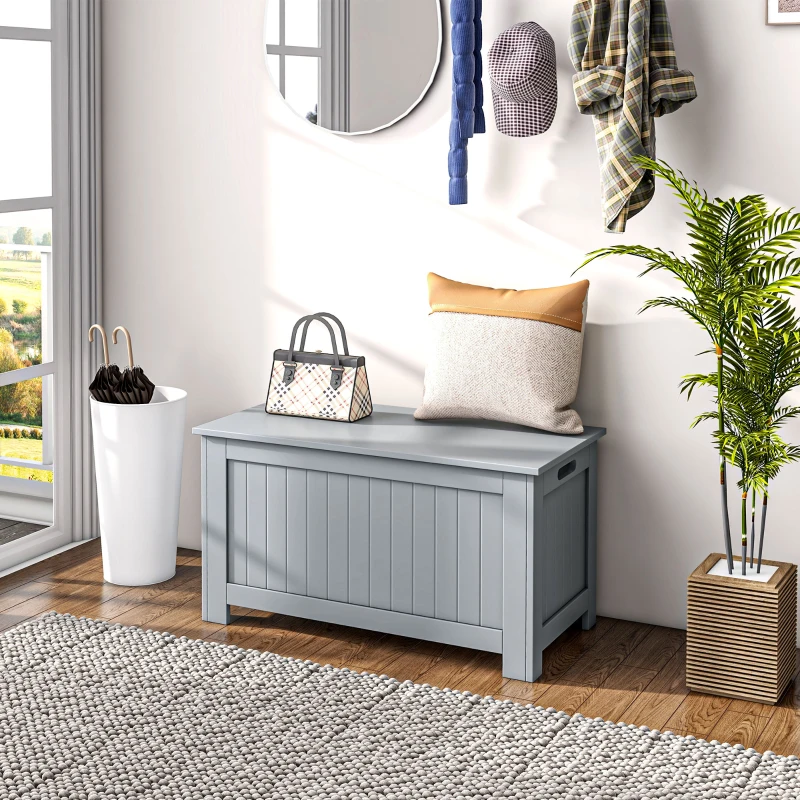 HOMCOM Sitzbank mit Stauraum im Landhausstil, inkl. Sicherheitsscharniere, Truhe, 81 cm x 40 cm x 46 cm, Hellgrau