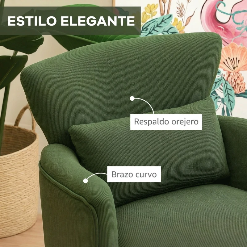 HOMCOM Sillón Relax Sofá Individual de Pana con Cojín Reposabrazos Patas de Madera para Dormitorio Oficina Verde