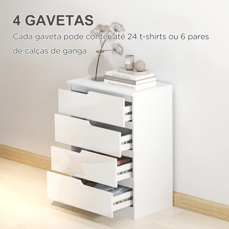 HOMCOM Cómoda com 4 Gavetas Cómoda de Dormitório Moderna com Sistema Anti-Tombo 60x40x85 cm Branco