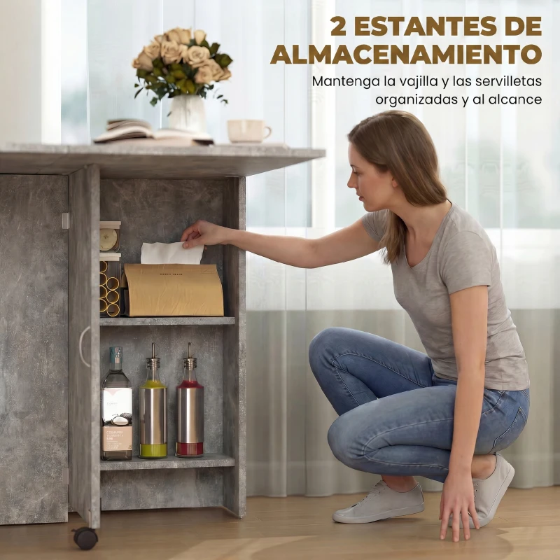 HOMCOM Mesa de Cocina Plegable con Ruedas 2 Estantes de Almacenaje y 2 Alas Abatibles Estilo Moderno 75x140x74 cm Gris Cemento