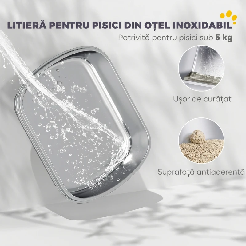 PawHut Litieră închisă pentru pisici L din oțel inoxidabil, cu mâner, lopățică și plic deodorant, anti-risipire, albă