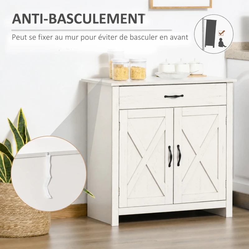 HOMCOM Buffet salon, meuble de rangement avec tiroir, 2 portes de grange et étagère réglable, 80 x 39,7 x 80 cm, blanc