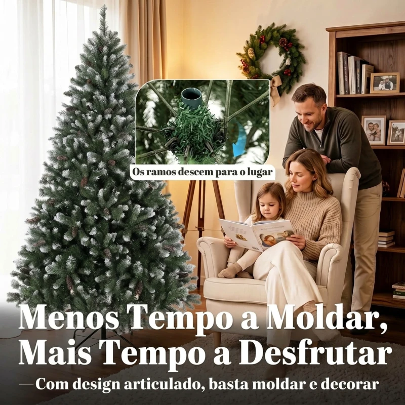 HOMCOM Árvore de Natal Artificial 180 cm com 802 Pontas Efeito Nevado, 59 Pinhas e Base Metálica Dobrável Verde e Branco
