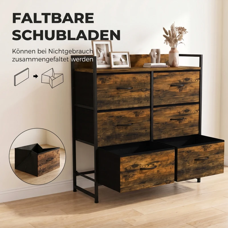 HOMCOM Stoff-Kommode, 6 faltbare Schubladen, Regal, Stahlrahmen, 80 x 29 x 85, Rustikalbraun