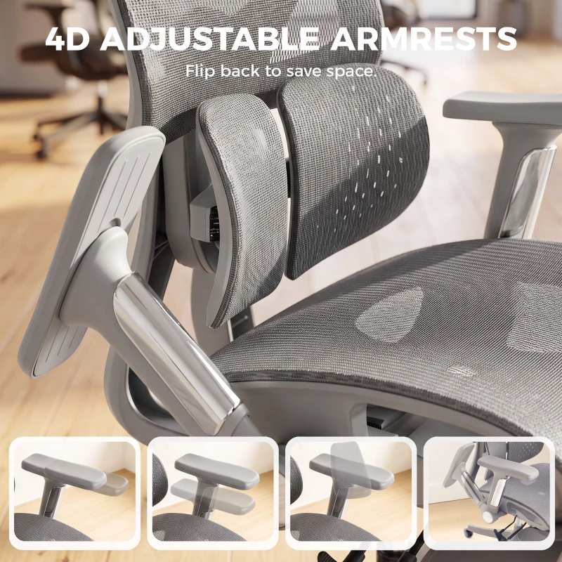 HOMCOM Ergonomic Office Chair with Lumbar Support, Mesh Reclining Desk Chair with Footrest, Adjustable High Back, Grey