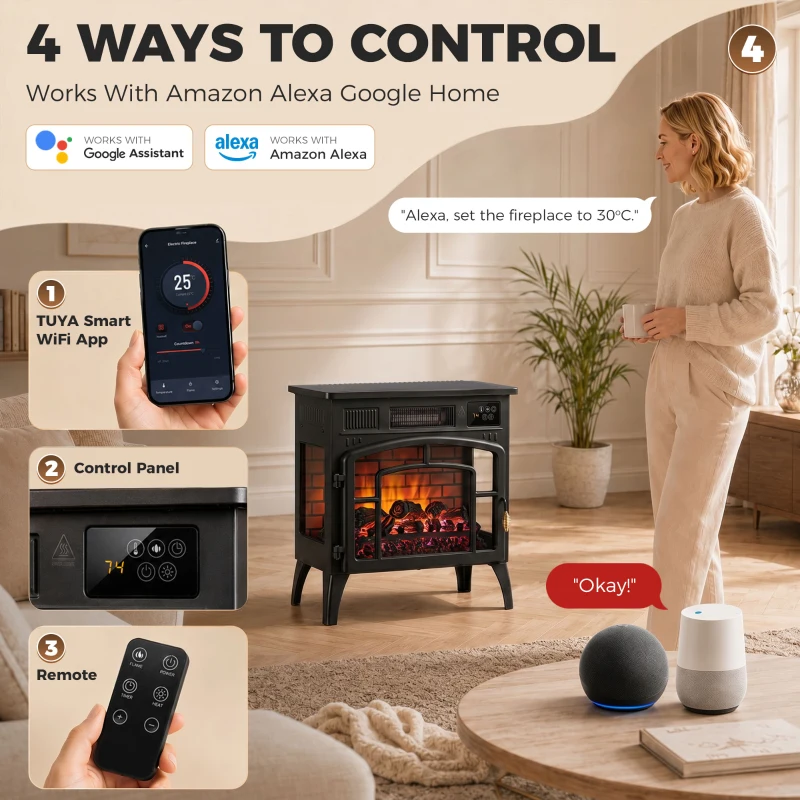 HOMCOM Smart Electric Fireplace Stove Log Burner, 3-Sided Glass WiFi Electric Fire Heater w/ 5-Colour Flame, Black