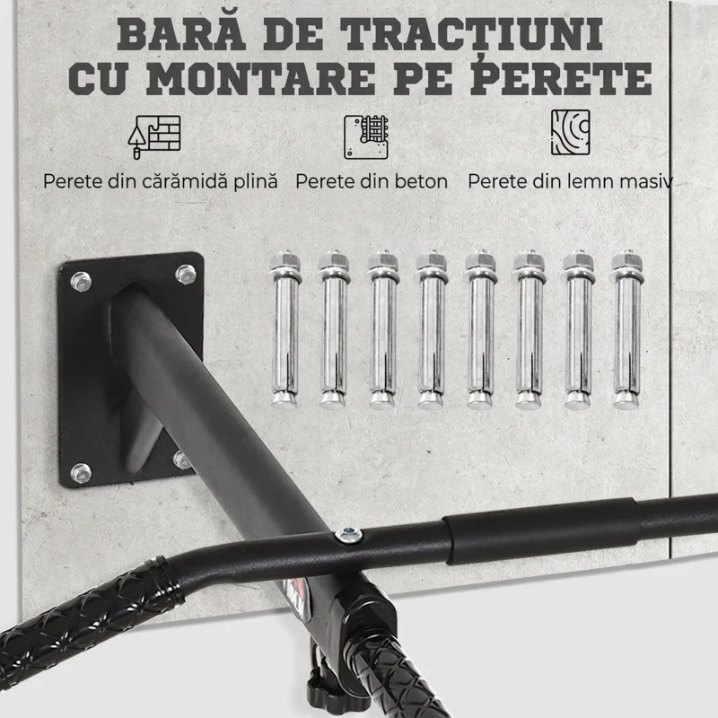 HOMCOM Bară de Tracțiuni pentru Perete 2 în 1 cu 3 Mânere Diferite, din Oțel, 93,5x65x17 cm, Negru