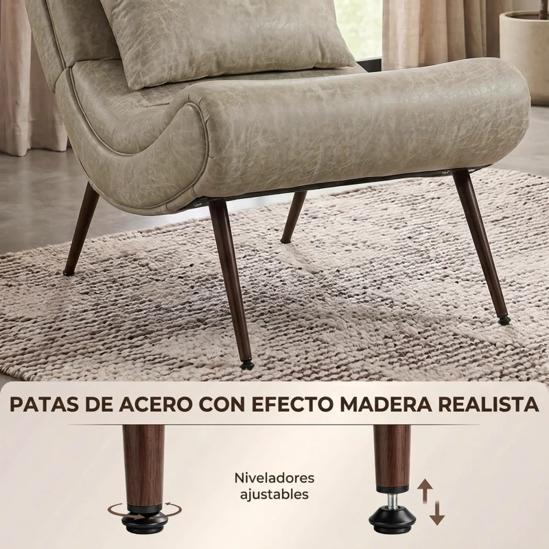 HOMCOM Sillón con Reposapiés Asiento Ancho Cojín Lumbar y Respaldo Curvo Tapizado en Leathaire Patas de Acero Blanco Crema
