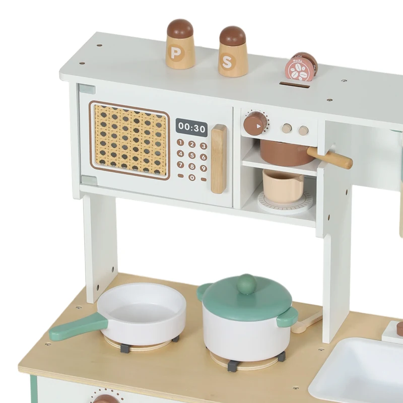 AIYAPLAY Cuisine Enfant en Bois 19 Accessoires, Cafetière, Machine à Glaçons, Micro-Ondes, Placard, 3-6 Ans, 61x27x79,7cm, Vert