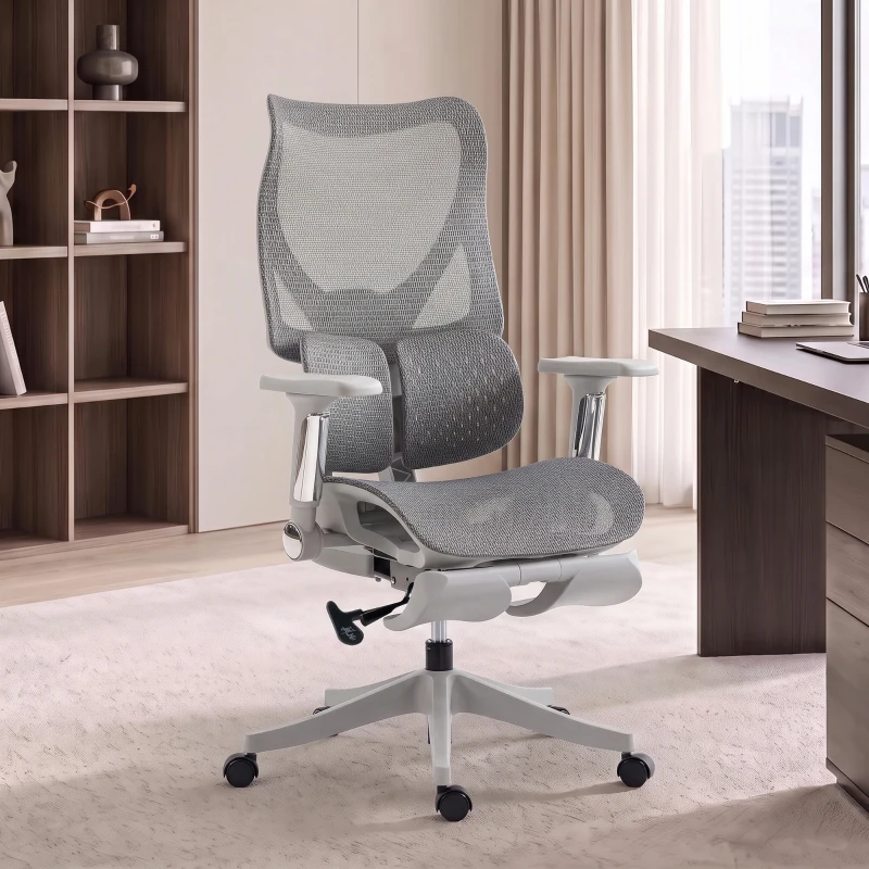HOMCOM Ergonomic Office Chair with Lumbar Support, Mesh Reclining Desk Chair with Footrest, Adjustable High Back, Grey