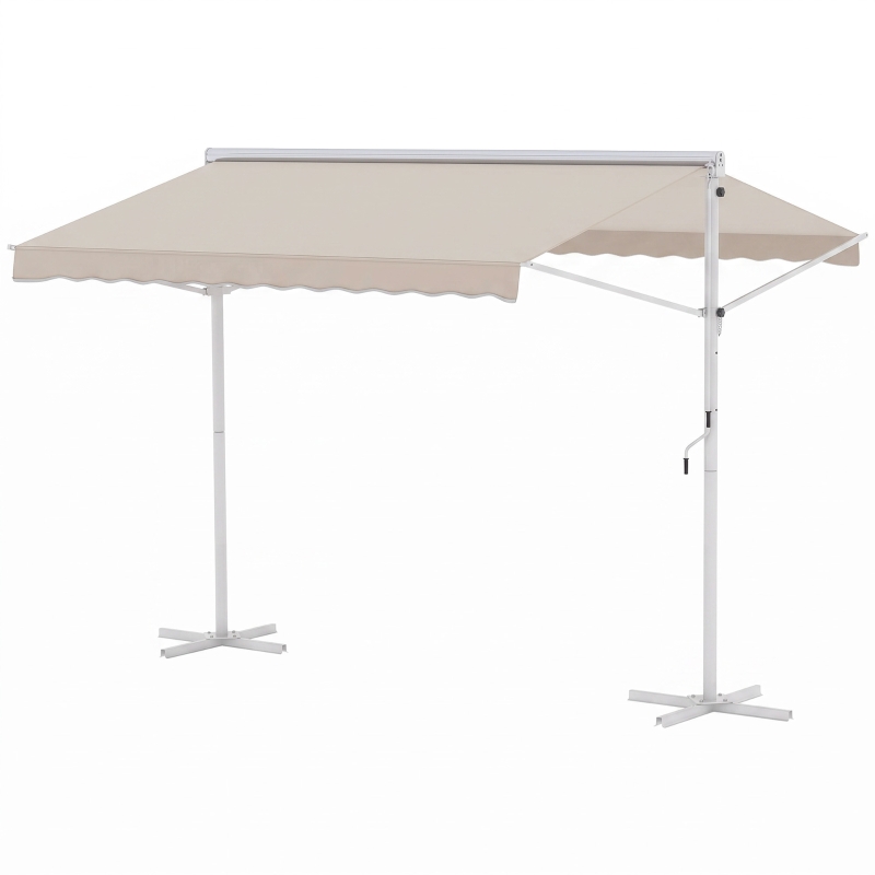 Outsunny Store Double Pente 3 x 3 m Manuel rétractable Inclinaison réglable Acier époxy Blanc Polyester imperméabilisé Anti-UV Beige