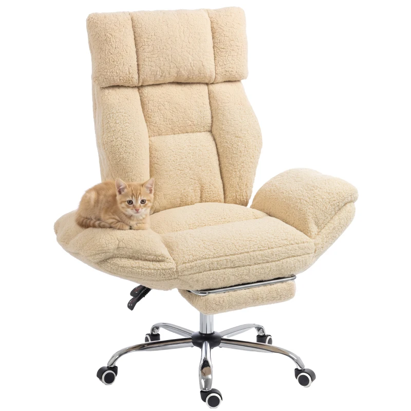 HOMCOM Chaise Bureau Ergonomique avec Accoudoirs Rabattables 5 Niveaux, Fauteuil de Bureau Inclinable en Tissu Teddy, Crème