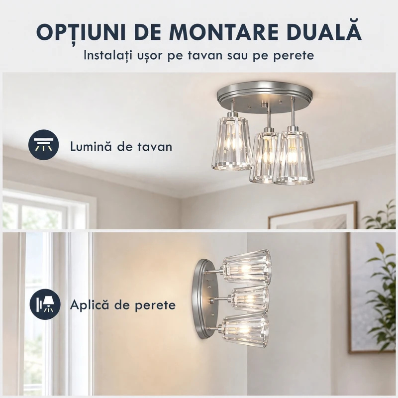 HOMCOM Plafonieră LED din Cristal cu 3 Lumini, Dulii E27, fără Becuri, pentru Living, Argintie