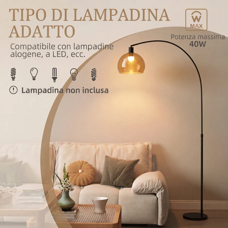 HOMCOM Lampada da Terra ad Arco con Interruttore a Pedale, 90x26x180 cm, Nero e Grigio Fumo