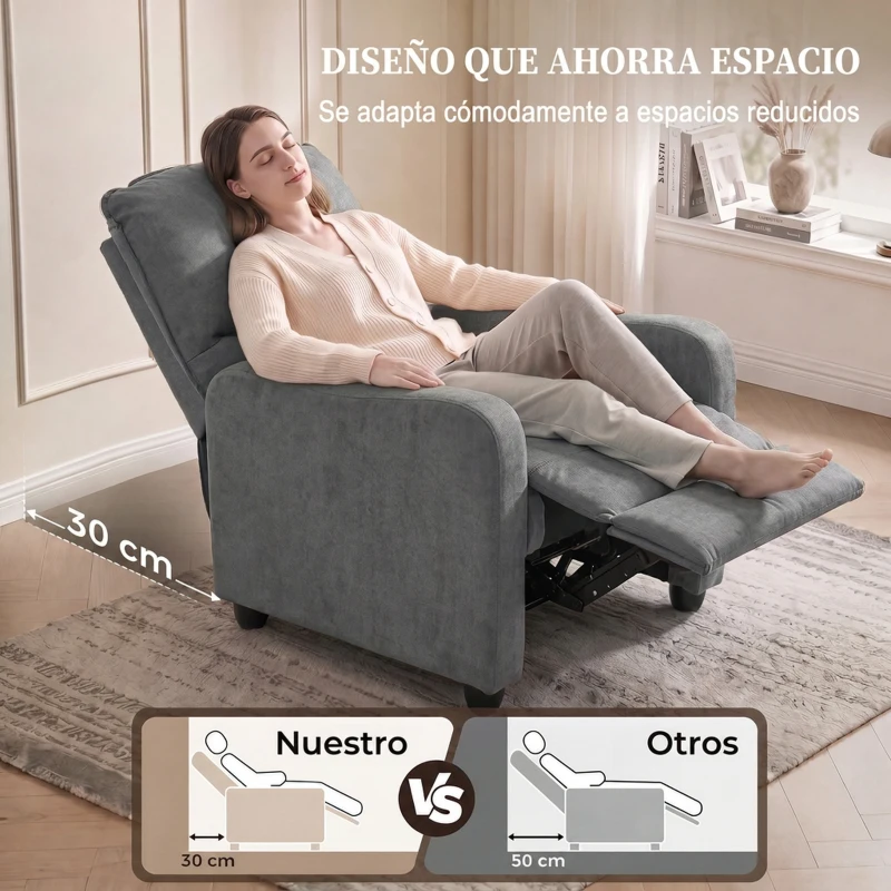 HOMCOM Sillón Relax Reclinable Manual hasta 155° de Tejido Efecto Lino Reposapiés Muelles Ensacados Acolchado Grueso Gris