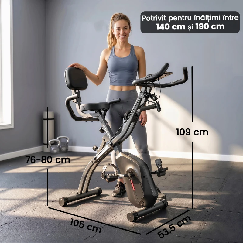 SPORTNOW Bicicletă hometrainer 3 în 1 pliabilă, silențioasă, ergometru recumbent cu monitor LCD, Bluetooth, senzor de ritm cardiac, bandă de rezistență