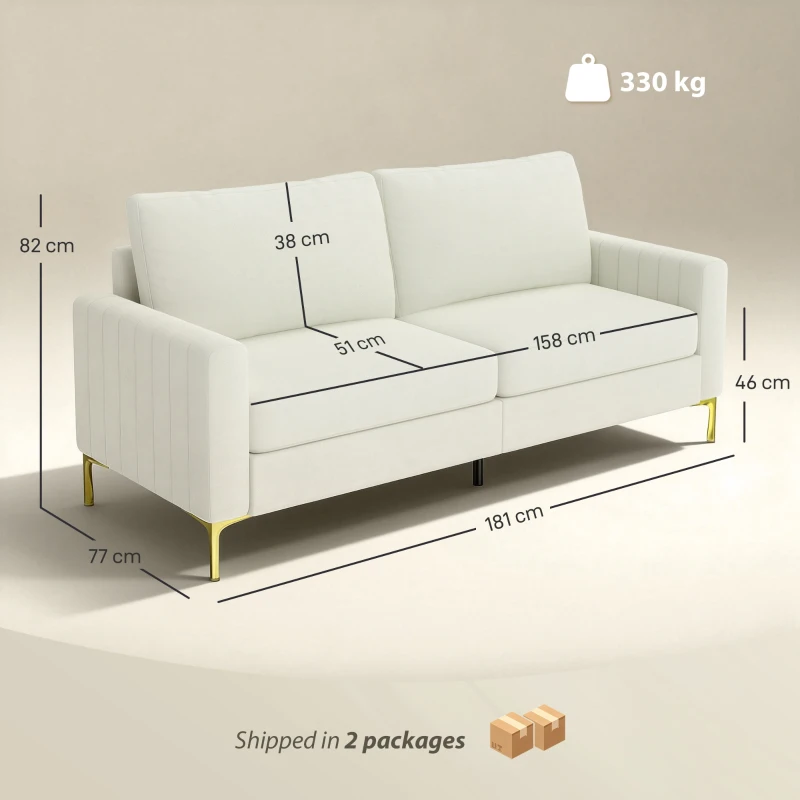 HOMCOM Sofá de 3 Lugares de 181 cm Estofado em Veludo com Almofadas Espessas Pernas de Metal Branco Creme