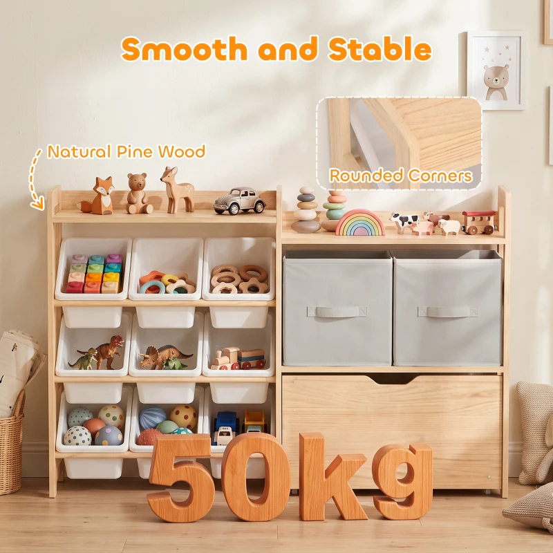 AIYAPLAY Wooden Toy Storage Unit with Rolling Toy Chest, 2 Fabric Drawers, 2 Shelves and 9 Bins for Bedroom, Playroom, Nursery