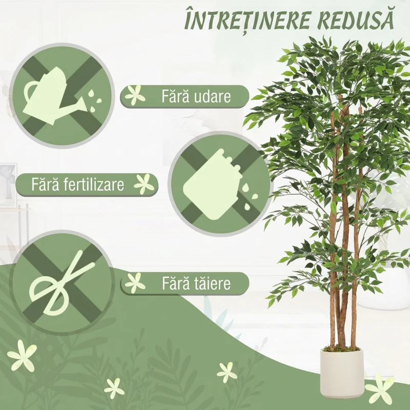HOMCOM Plantă Artificială Ficus Banyan din Peva și Lemn, cu Ramuri Flexibile și Ghiveci din PP și Ciment, Verde