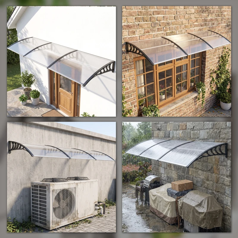 Outsunny Copertină Exterioară Curbată cu Șuruburi și Bolțuri Incluse, din Policarbonat, PP și Aluminiu, 90x295x23.5cm