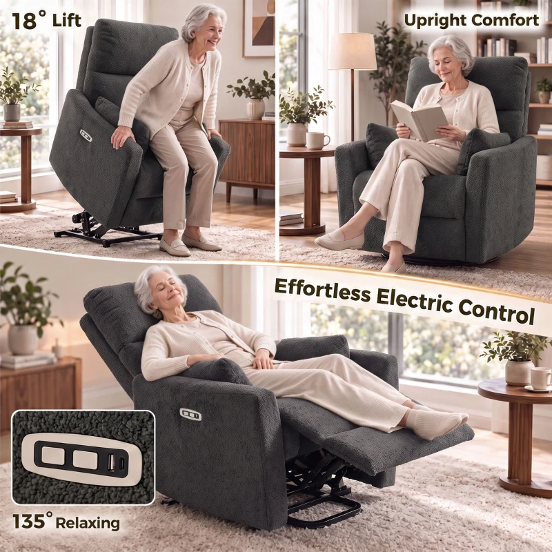 HOMCOM Riser Recliner Chair with Massage and Heat, Teddy Fleece Electric Power Lift Recliner for Elderly, Dark Grey