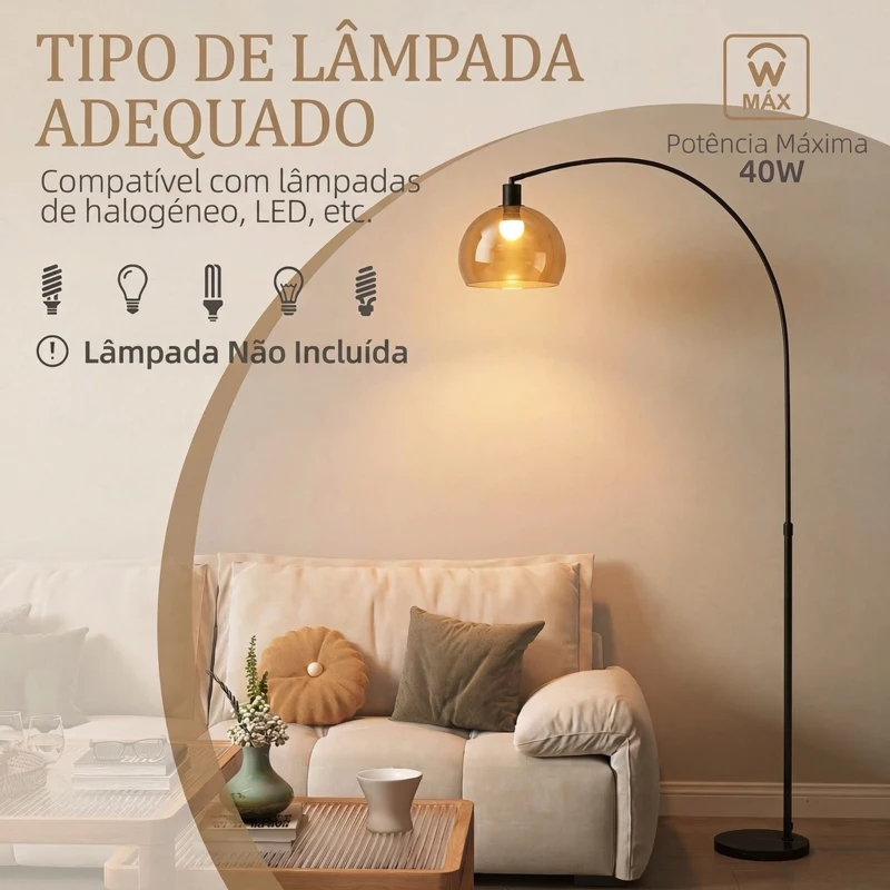 HOMCOM Candeeiro de Pé em Arco para Sala com Cúpula Ajustável e Base em Mármore Preto e Cinzento Fumado