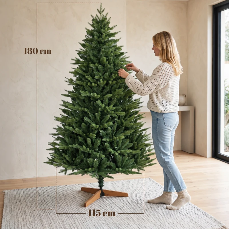 HOMCOM Künstlicher Weihnachtsbaum 180 cm mit Kiefernholzständer, Nordic-Tanne mit Klappsystem, 889 Zweigspitzen, Grün