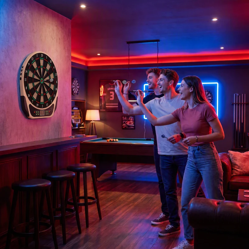 HOMCOM Elektronische Dartscheibe Dartboard mit Englische Sprachansagen LED-Anzeigen 6 Darts 24 Dartköpfe 18 Spiele 159 Varianten Dartautomat Dartscheibe Set für bis zu 8 Spieler