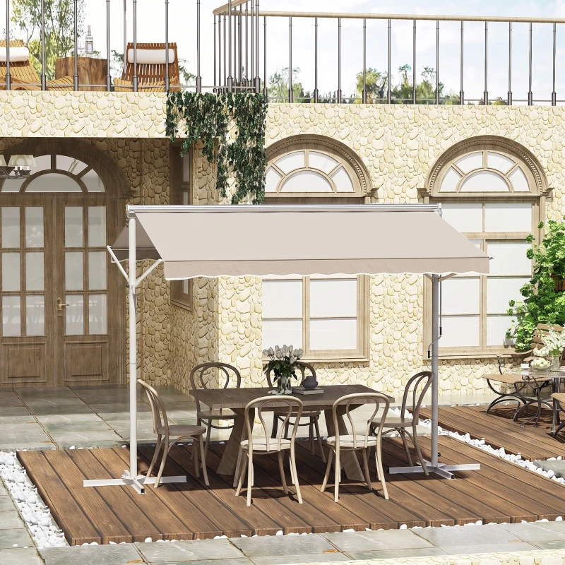 Outsunny Store Double Pente 3 x 3 m Manuel rétractable Inclinaison réglable Acier époxy Blanc Polyester imperméabilisé Anti-UV Beige