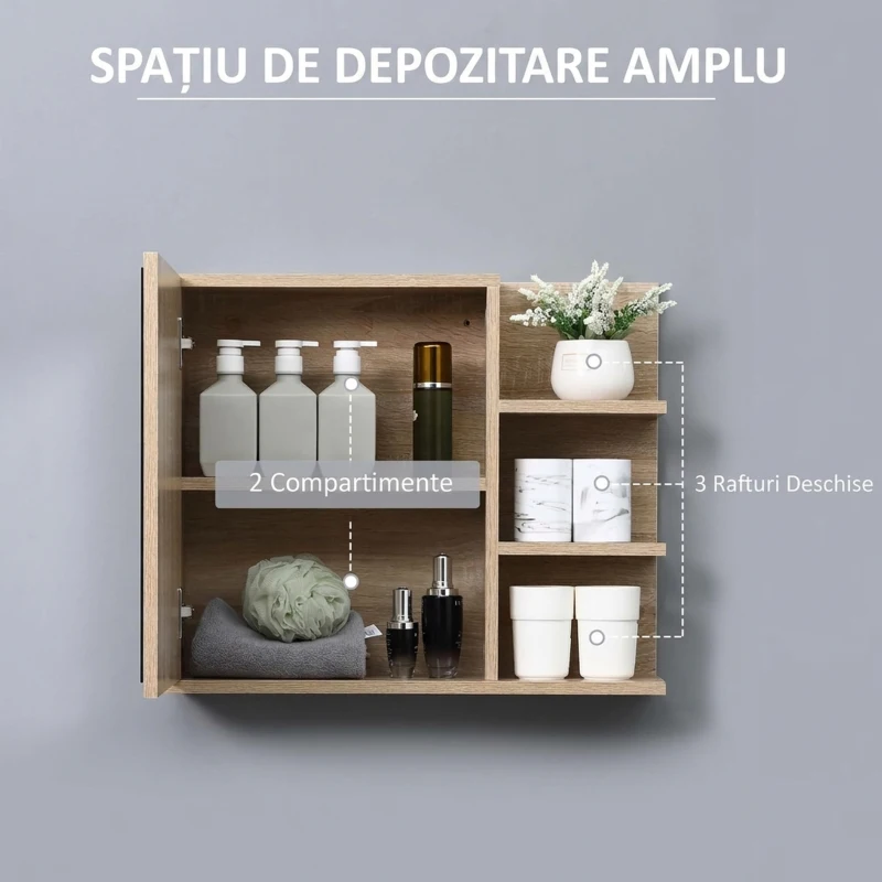 Kleankin Dulap de Baie cu Oglindă de Perete, Organizator cu 1 Ușă și 3 Rafturi Laterale Deschise, Lemn, 60x18x50cm, Natur/Alb