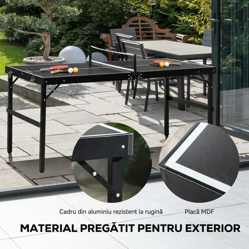SPORTNOW Masă de Ping Pong Pliabilă cu Mâner pentru Transport, din Aluminiu și Lemn, 152x76x72 cm, Negru