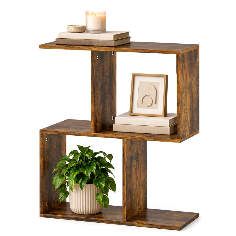 HOMCOM Side Table, Narrow End Table with Storage Shelves, S-Shaped, 3-Tier, 50W x 19.5D x 58H cm, Rustic Brown