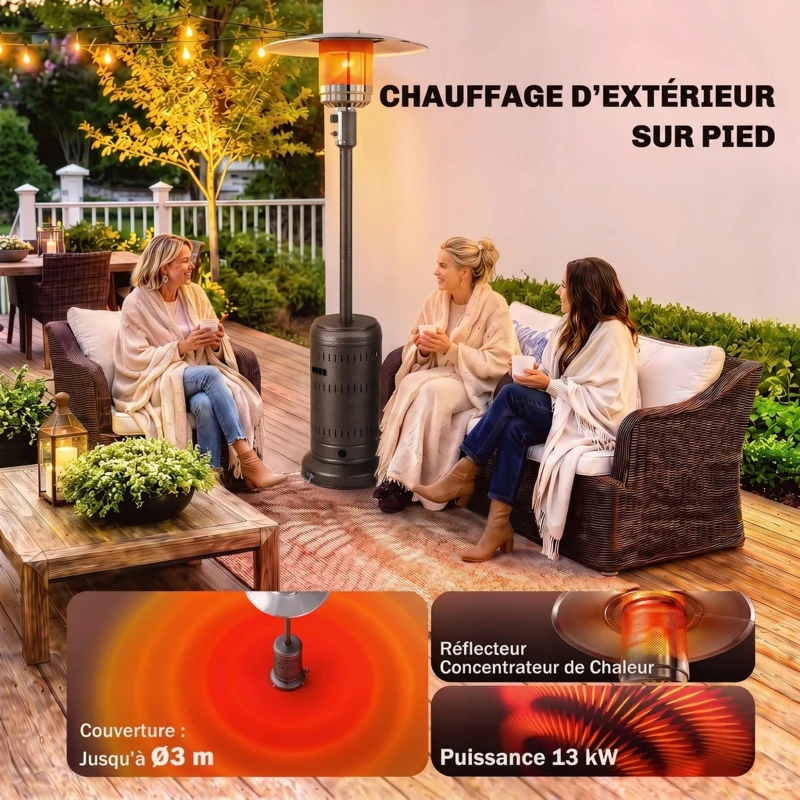 Outsunny Chauffage Extérieur Terrasse Portable 13 kW, Niveaux de Chauffe Réglables, Anti-Basculement, 82x82x223cm, Marron Foncé