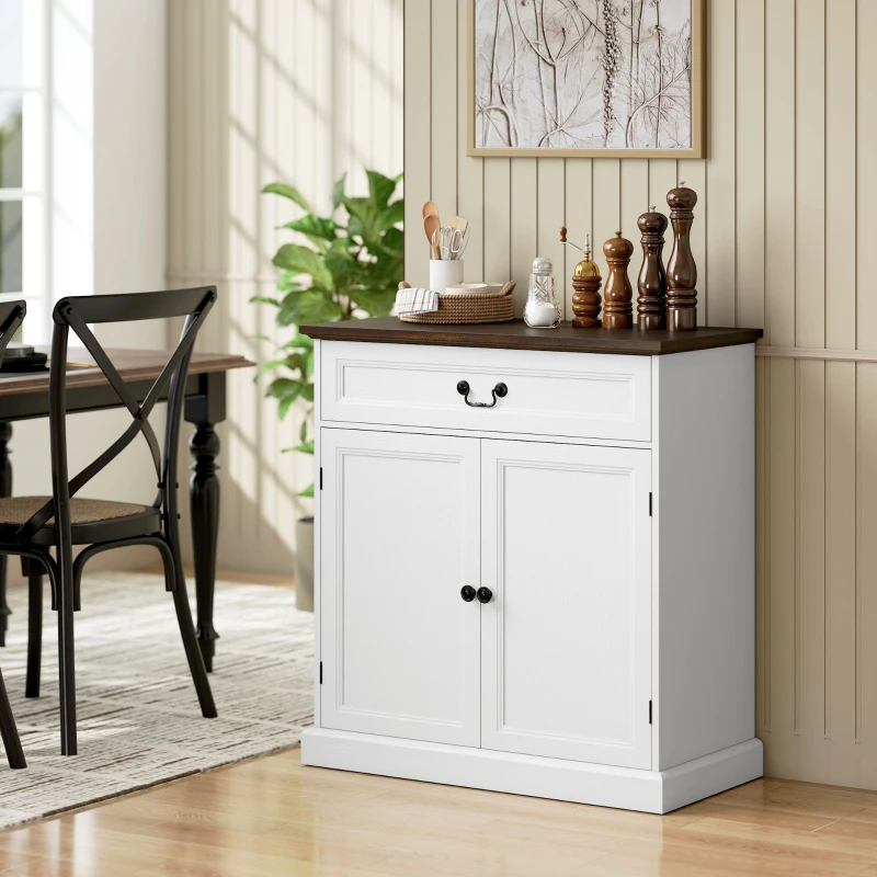 HOMCOM Buffet salon, meuble de rangement avec 2 portes, tiroir silencieux, étagère réglable, 80x40x85cm, blanc et marron