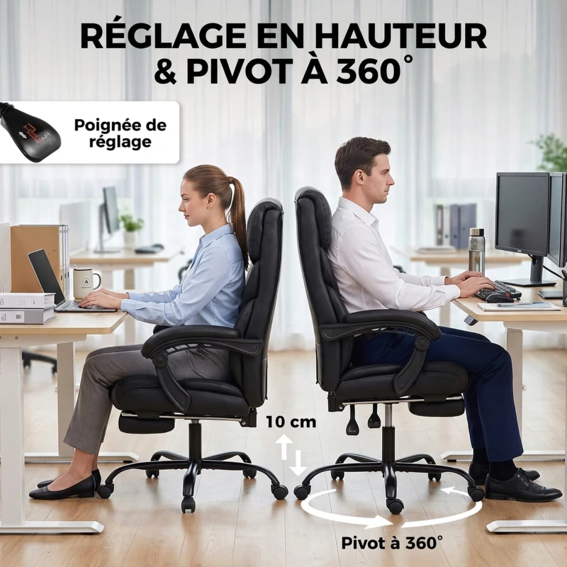HOMCOM Chaise Bureau Ergonomique Inclinable, Fauteuil de Bureau en PU, Accoudoirs Synchronisés, Hauteur Réglable, Noir