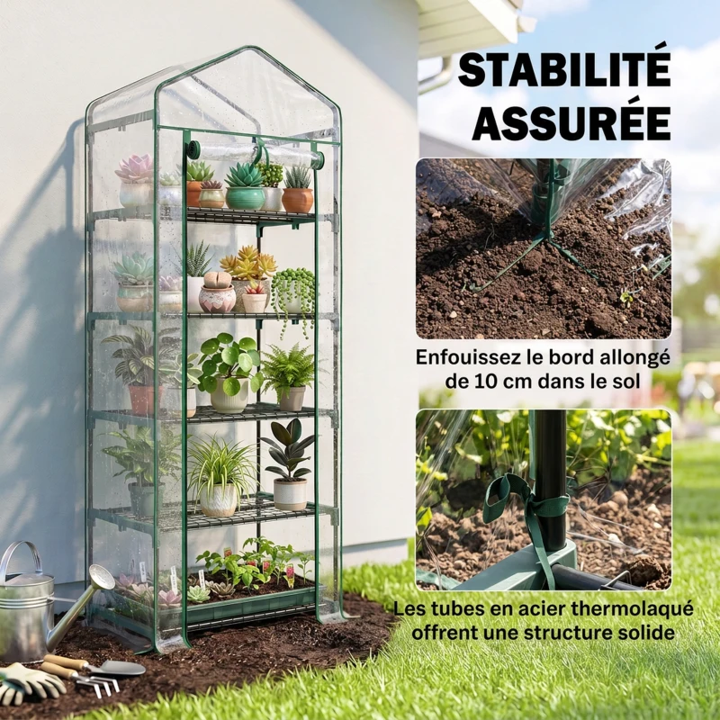 Outsunny Serre de jardin PVC avec étagères 5 niveaux, serre de balcon, bâche renforcée 135 g/m², châssis en acier, porte zippée enroulable, pour légumes plantes fleurs, 69 x 49 x 193 cm, transparent