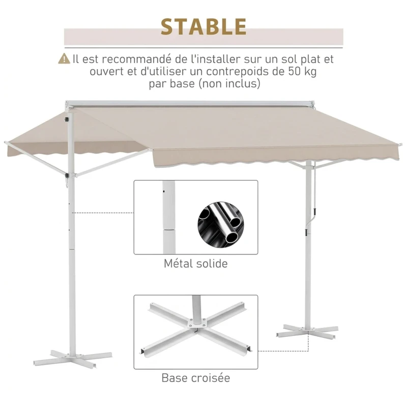 Outsunny Store Double Pente 3 x 3 m Manuel rétractable Inclinaison réglable Acier époxy Blanc Polyester imperméabilisé Anti-UV Beige