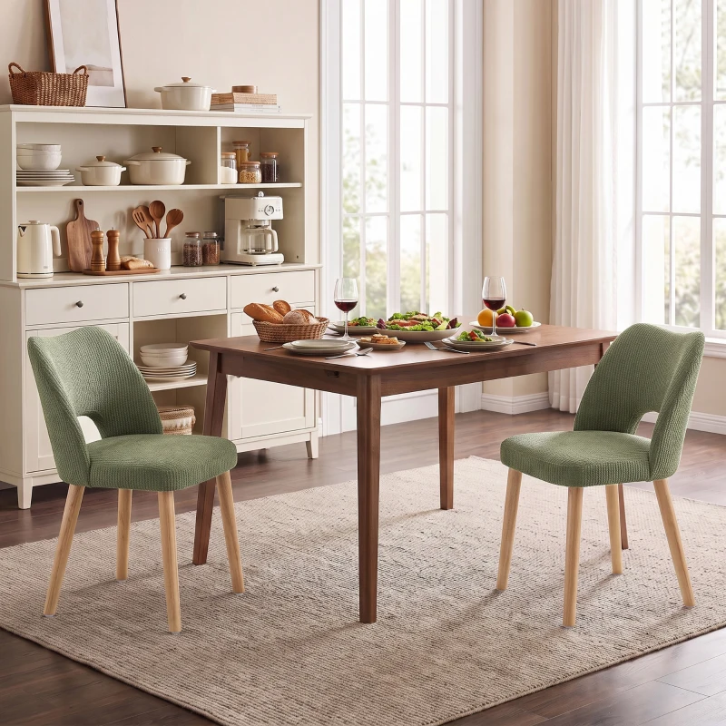 HOMCOM Dining Chairs Set Upholstered Kitchen Chenille Tool Free Assembly Rubberwood Legs, Green