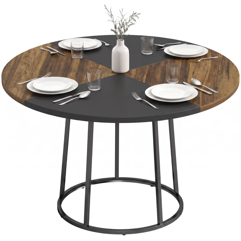HOMCOM Masă de Dining Rotundă pentru 4-6 Persoane, Blat Bicolor MDF și Metal, 120x120x75 cm, Maro Rustic și Negru