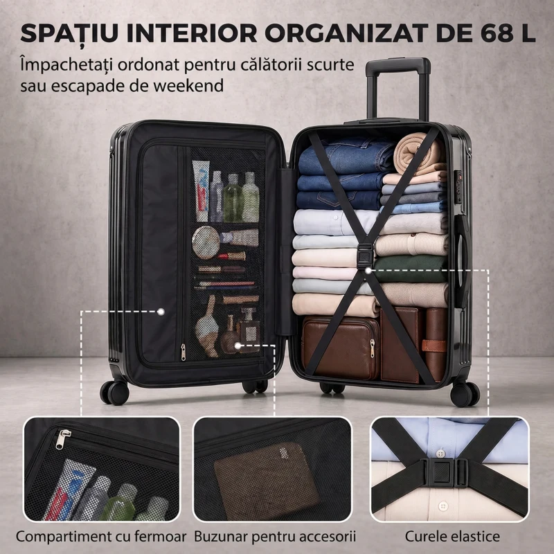 HOMCOM Troler Rigid Mediu 68L, Extensibil, ABS, 4 Roți Pivotante, Colțuri de Protecție, 66 x 43 x 27 cm, Negru