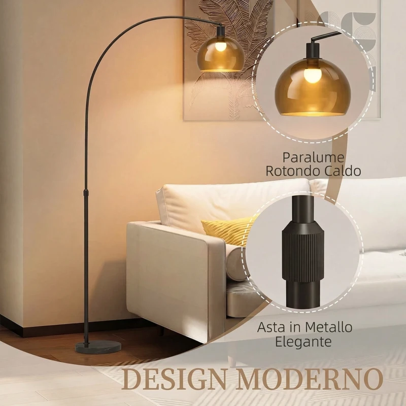 HOMCOM Lampada da Terra ad Arco con Interruttore a Pedale, 90x26x180 cm, Nero e Grigio Fumo