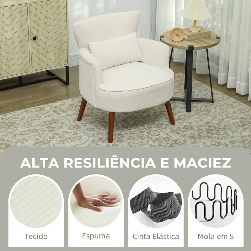 HOMCOM Poltrona Relax Individual em Bombazina com Almofada, Braços e Pés de Madeira para Quarto e Escritório, Creme