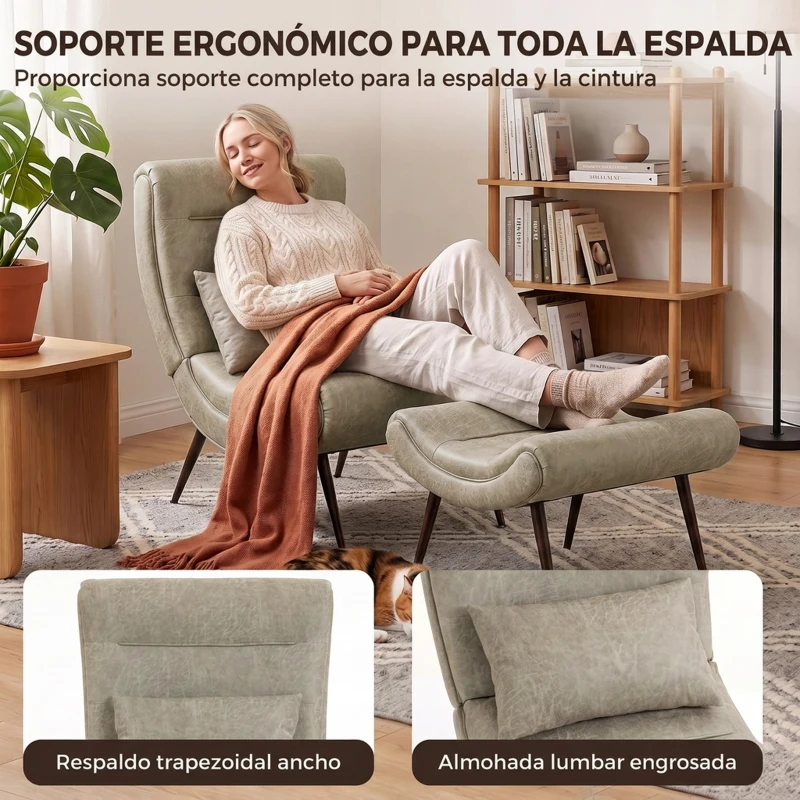 HOMCOM Sillón con Reposapiés Asiento Ancho Cojín Lumbar y Respaldo Curvo Tapizado en Leathaire Patas de Acero Blanco Crema