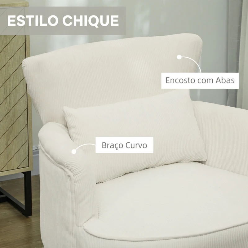 HOMCOM Poltrona Relax Individual em Bombazina com Almofada, Braços e Pés de Madeira para Quarto e Escritório, Creme